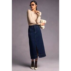 Pilcro Anthropologie Denim Midi Skirt Womens 2 Indigo Front Slit Raw Hem Boho